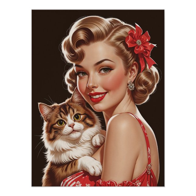 Smiling Pin-Up with Cat Portrait Poster (Front)