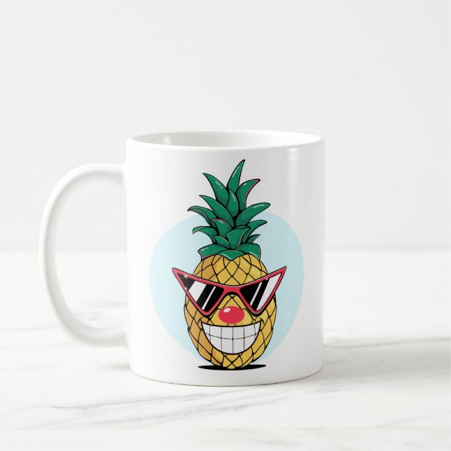 Smiling pineapple wearing sunglasses & clown nose coffee mug (Left)