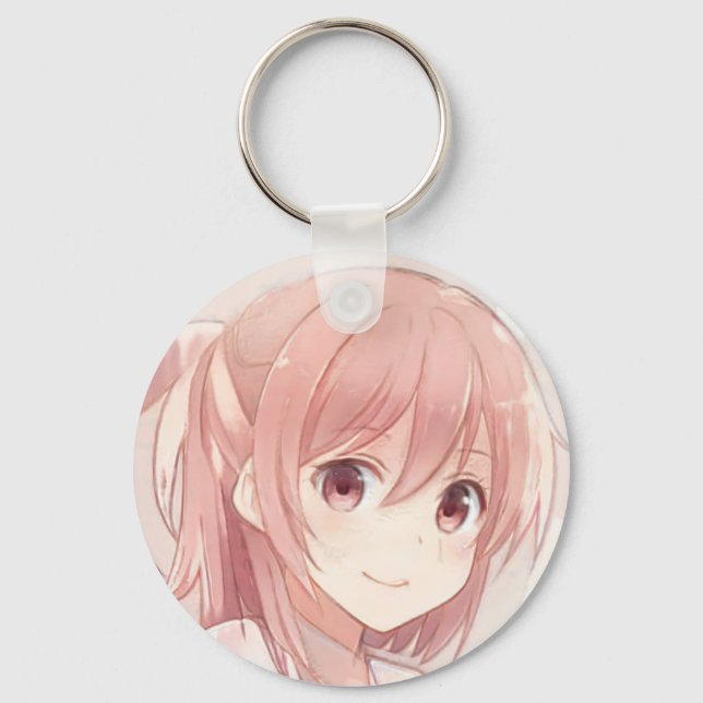 Smiling pink hair anime girl pink eyes manga key ring (Front)
