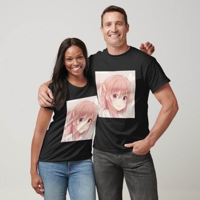 Smiling pink hair anime girl pink eyes manga T-Shi T-Shirt (Unisex)