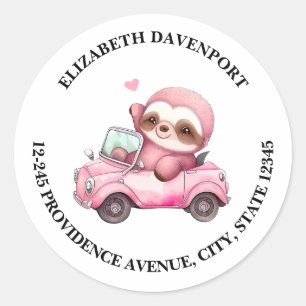 Smiling Pink Sloth Driving a Convertible Address Classic Round Sticker