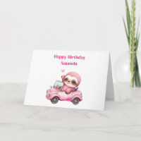 Smiling Pink Sloth Driving a Convertible Birthday
