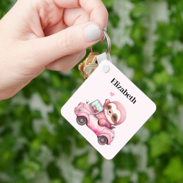 Smiling Pink Sloth Driving a Convertible Key Ring (Hand)