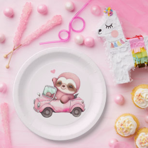 Smiling Pink Sloth Driving a Convertible Paper Plate