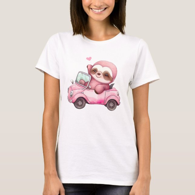 Smiling Pink Sloth Driving a Convertible T-Shirt (Front)