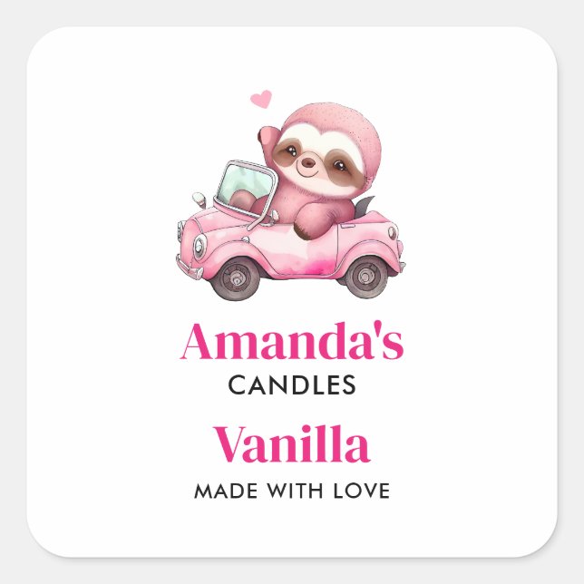 Smiling Pink Sloth in a Car Candle Crafting Square Sticker (Front)
