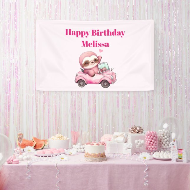 Smiling Pink Sloth in a Convertible Happy Birthday Banner (Party)