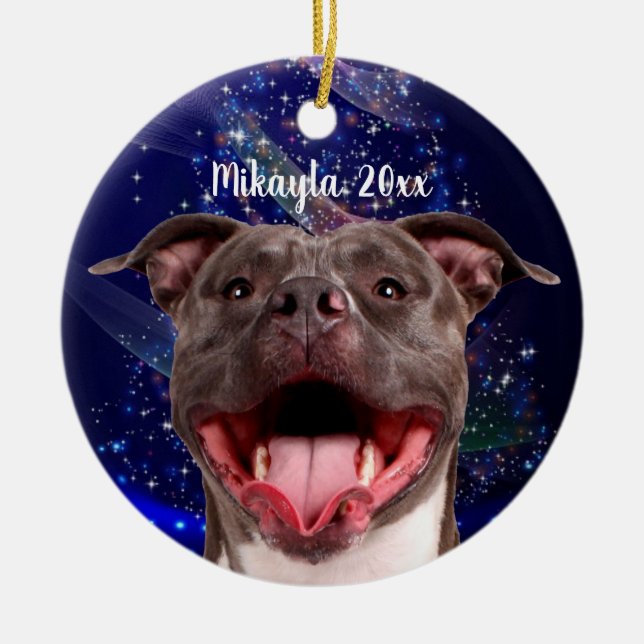 Smiling Pit Bull on Blue Christmas  Ceramic Tree Decoration (Front)