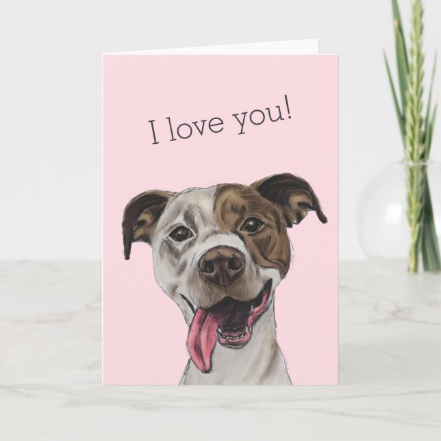 Smiling Pit Bull Terrier Dog Drawing | I Love You Holiday Card (Front)