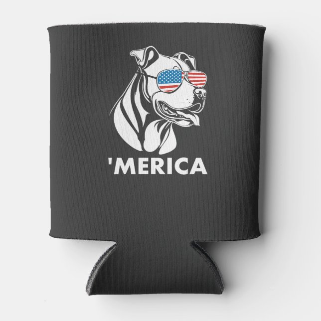 Smiling Pitbull Sun Glasses 4th Of July Merica Can Cooler (Front)