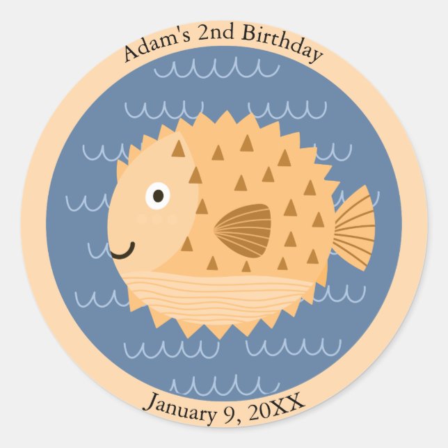 Smiling Pufferfish Under the Sea Birthday Classic Round Sticker (Front)
