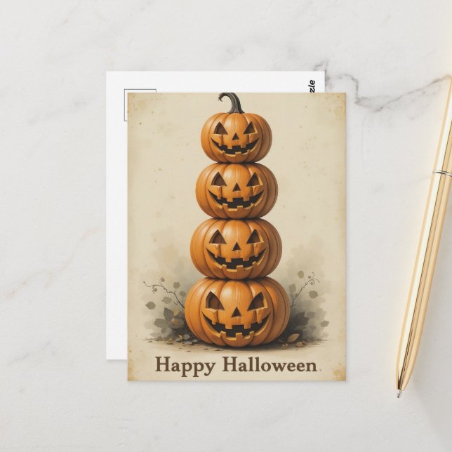 Smiling Pumpkin Stack Lighthearted Halloween Fun Postcard (Front/Back In Situ)