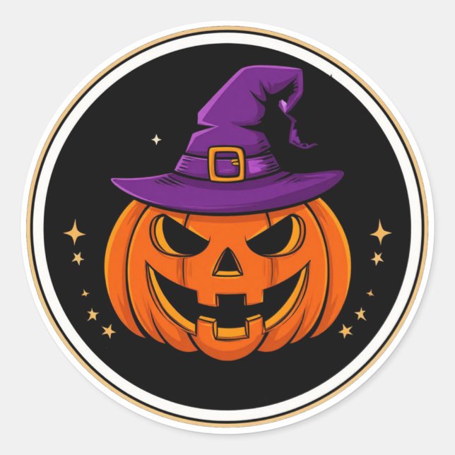 Smiling Pumpkin Witch Hat Halloween 🎃 Classic Round Sticker (Front)