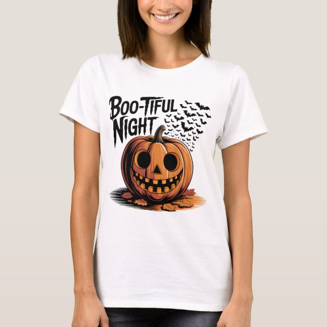 Smiling Pumpkin with Fall Leaves Design T-Shirt (Front)