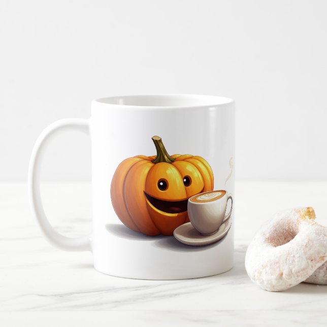 Smiling Pumpkin With Latte Cup Autumn Coffee Time  (With Donut)