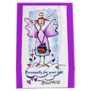 Smiling Purple Angel on White Cloud with Hearts   Medium Gift Bag