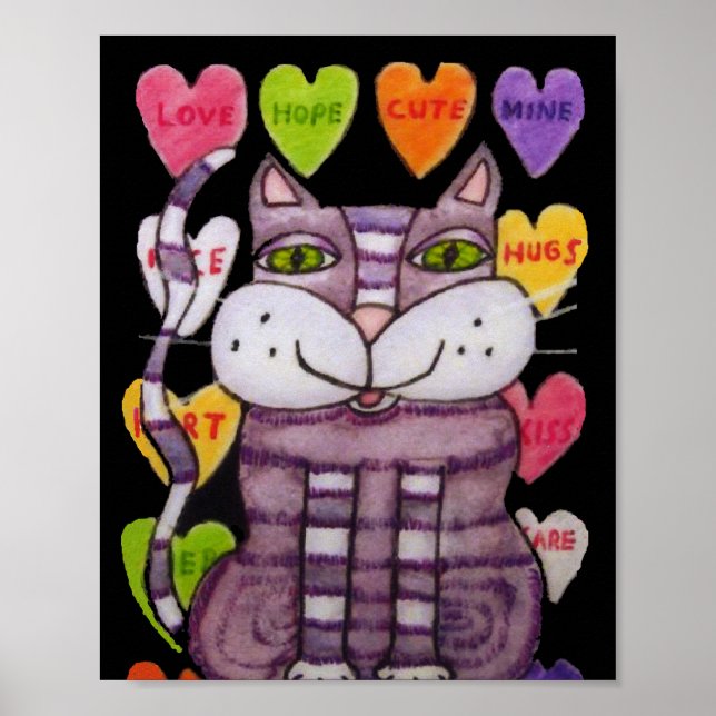 Smiling Purple Valentine Cat Candy Hearts Black Poster (Front)