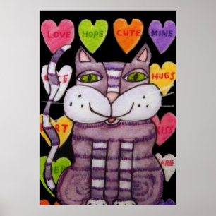 Smiling Purple Valentine Cat Candy Hearts Black Poster
