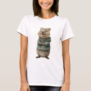Smiling Quokka in Green Hoodie Digital T-Shirt