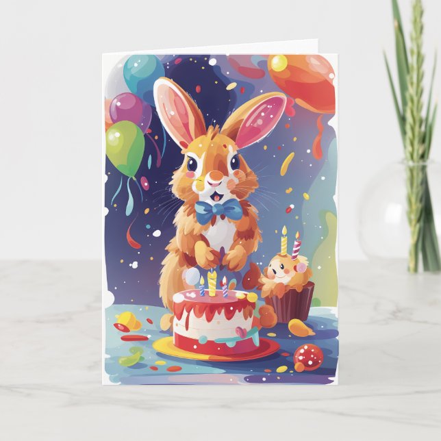 Smiling rabbit with cake and balloons card (Front)