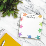 Smiling Rainbow Stars Note From Teacher<br><div class="desc">White A note from School Teacher notepad personalised with the teacher's name in a pretty black script. The personalised teacher's notepad features smiling stars in all the colours of the rainbow peeking out from the borders of the notepad.</div>