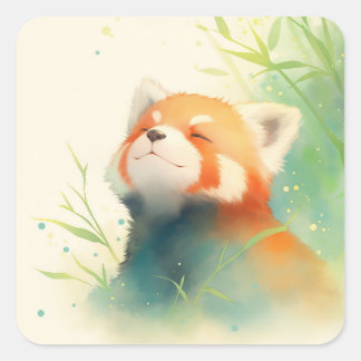 Smiling Red Panda Tilting Head in Green Bamboo Square Sticker