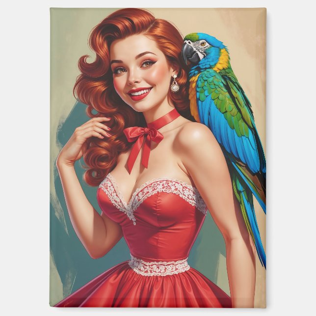 Smiling Redhead Pin-Up and Parrot Magnet (Front)