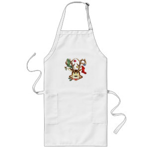 Smiling Reindeer Decorated With Christmas Ornament Long Apron