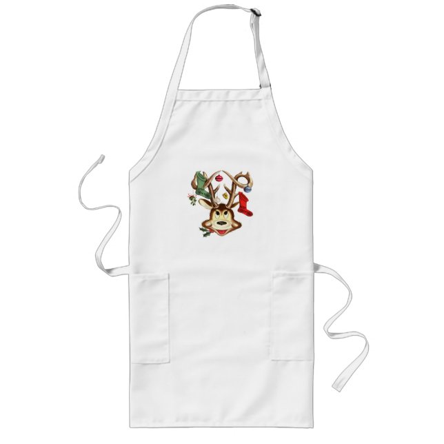 Smiling Reindeer Decorated With Christmas Ornament Long Apron (Front)