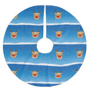 Smiling reindeer on blue brushed polyester tree skirt