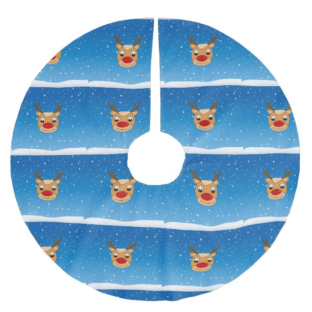 Smiling reindeer on blue brushed polyester tree skirt (Front)