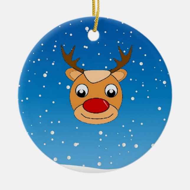 Smiling reindeer on blue ceramic tree decoration (Front)