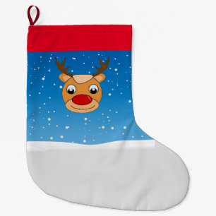 Smiling reindeer on blue large christmas stocking
