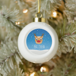 Smiling reindeer snowfall personalised blue ceramic ball christmas ornament