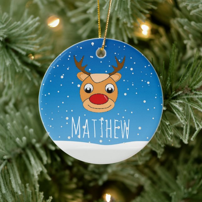 Smiling reindeer snowfall personalised blue ceramic tree decoration (Tree)