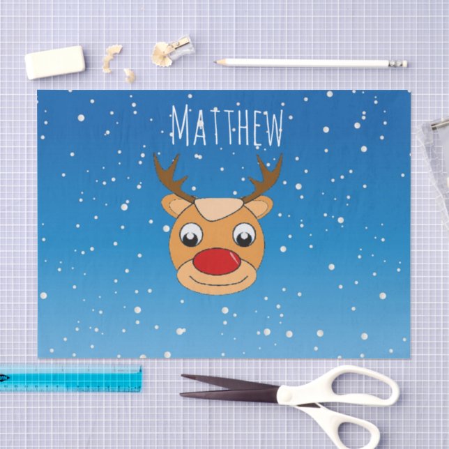 Smiling reindeer snowfall personalised blue tissue paper (Craft)