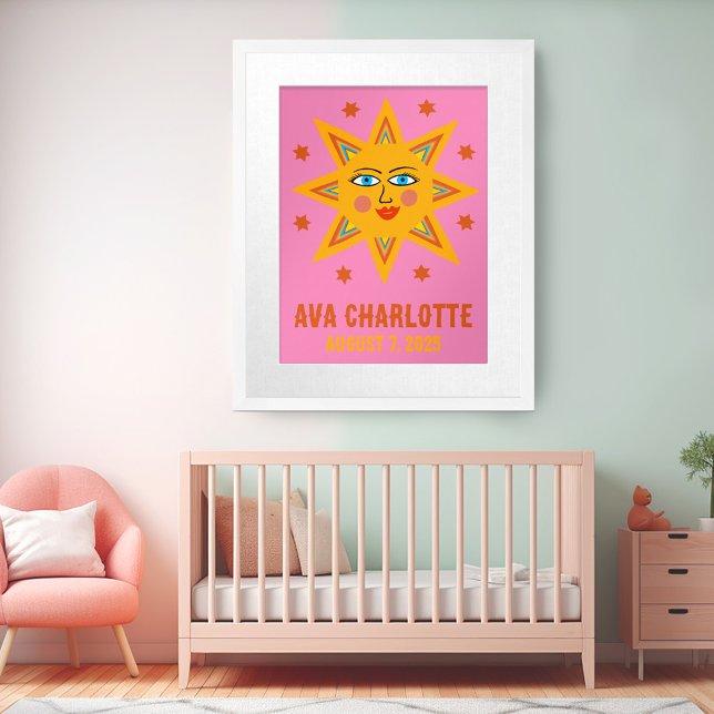 Smiling Retro Sun CUSTOM BABY NAME BIRTHDATE Art Poster (Smiling Boho Retro Sun CUSTOM BABY NAME BIRTHDATE Art Poster
)