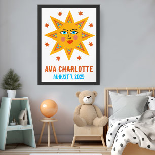 Smiling Retro Sun CUSTOM BABY NAME BIRTHDATE Art Poster
