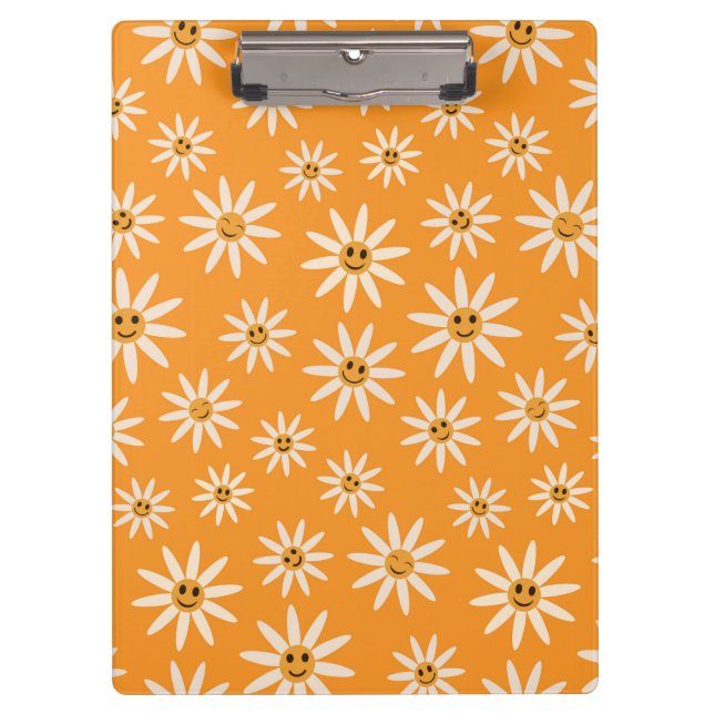 Smiling Retro White Flowers on Orange  Clipboard (Front)