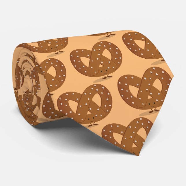 Smiling Salted Pretzel Cartoon Food Tie (Rolled)