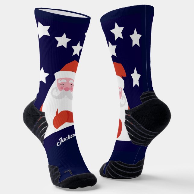 Smiling Santa and Stars on Blue Socks (Angled)