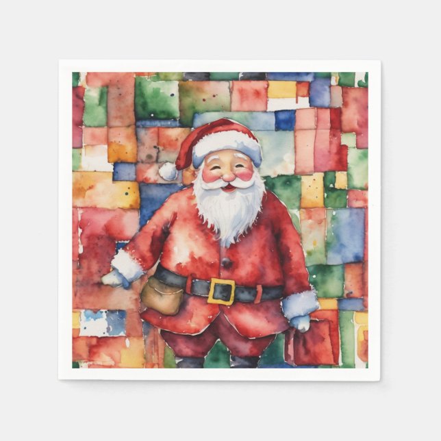 Smiling Santa Christmas Holiday Party Watercolor Napkin (Front)