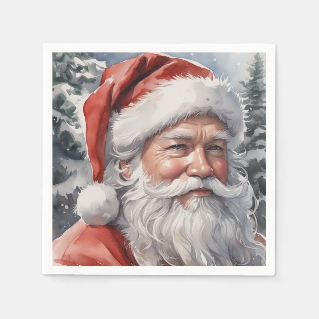 Smiling Santa Christmas Watercolor Paper Napkin (Front)
