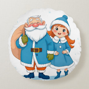 Smiling Santa Claus and snow maiden Round Cushion