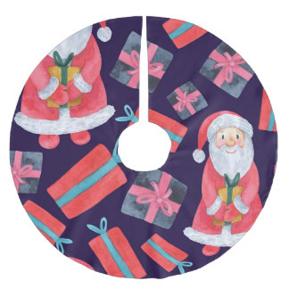 Smiling Santa, Watercolor Christmas Seamless. Brushed Polyester Tree Skirt