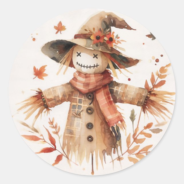 Smiling Scarecrow Autumn Watercolor Classic Round Sticker (Front)