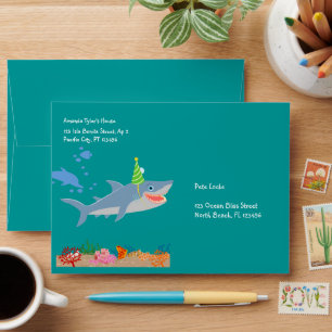Smiling shark under the sea boy Birthday Party Envelope