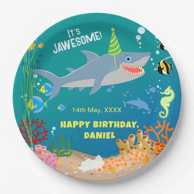 Smiling shark under the sea boy Birthday Party Paper Plate (Front)