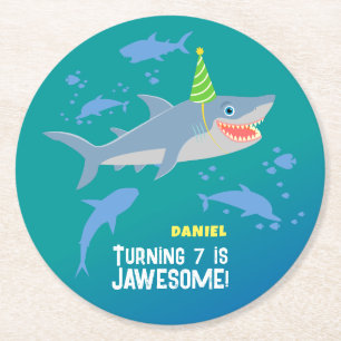 Smiling shark under the sea boy Birthday Party Round Paper Coaster