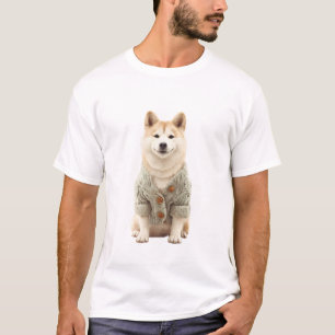 Smiling Shiba Inu in Sage Cable Knit Cardigan T-Shirt